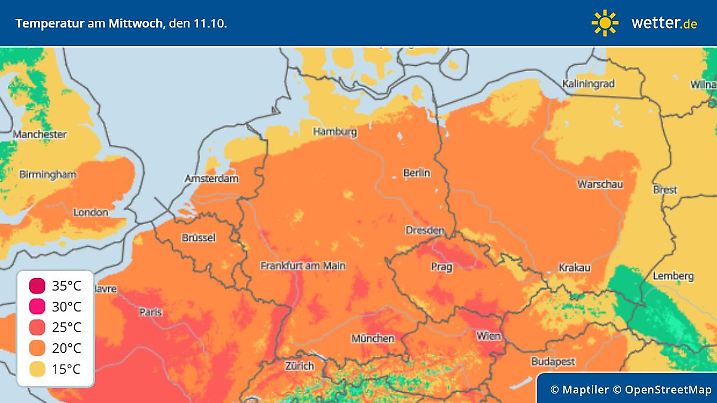 Temperaturhöchstwerte am Mittwoch, 11. Oktober, in Deutschland