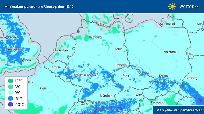 Temperaturtiefstwerte am Montag, 16. Oktober in Deutschland