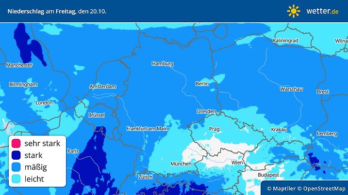 Die Grafik zeigt die Niederschläge am Freitag, 20.10.2023
