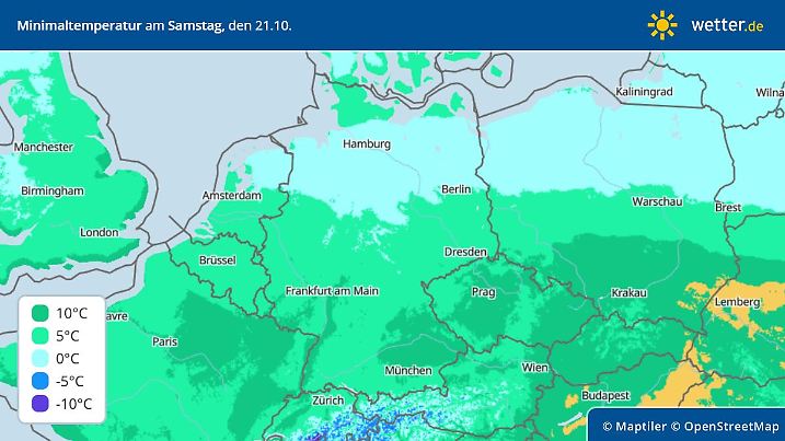 Die Grafik zeigt die Tiefstwerte am Samstag, 21.10.2023