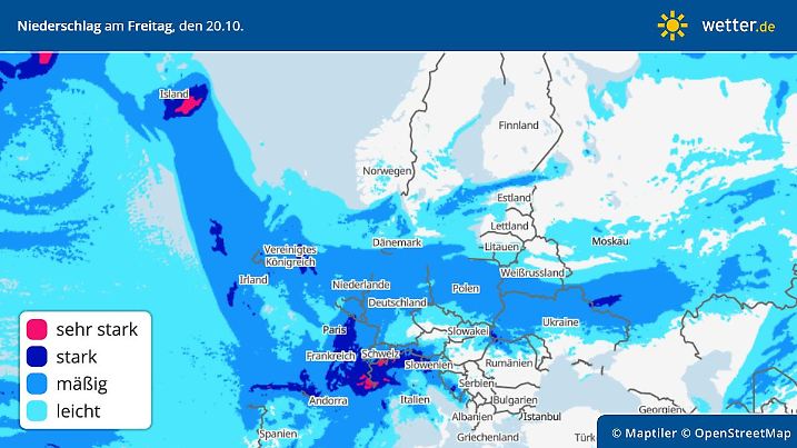 Die Grafik zeigt, wo am Freitag Regen in Europa fällt.
