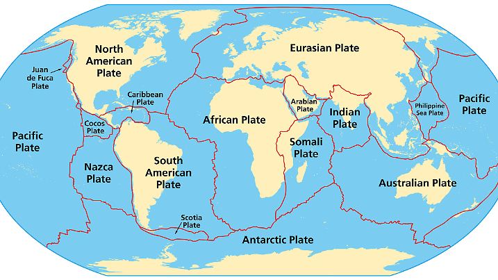 Map of the principal tectonic plates of the Earth. The sixteen major pieces of crust and uppermost mantle of the Earth, called the lithosphere, and consisting of oceanic and continental crust. Vector