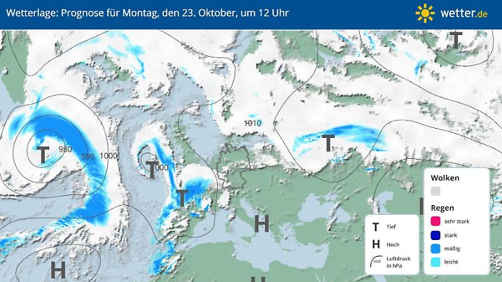 Die Grafik zeigt die Wetterlage am Montag, 23.10.2023