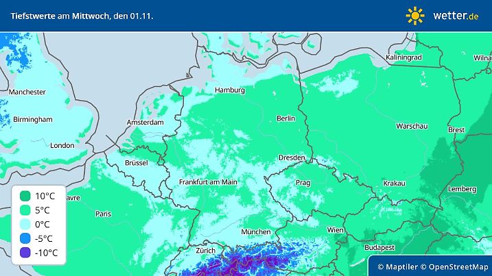 Prognose und Vorhersage Tiefstwerte in Deutschland am 1. November 2023