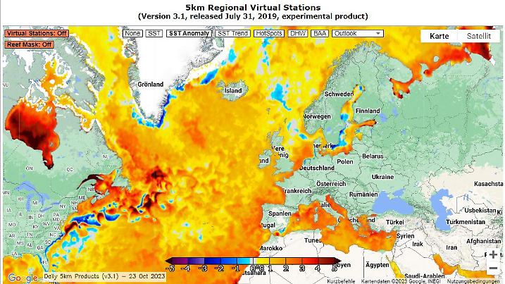 Meeresoberflächen-Temperaturen gemessen am 23.10.2023