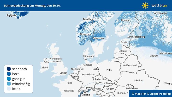 Der Winter steht quasi vor unseren Toren. In Skandinavien ist es aktuell größtenteils weiß. Von hier kommt meist unsere Winterluft. Das Bild zeigt die Schneebedeckung in Europa vom 30. Oktober 2023.