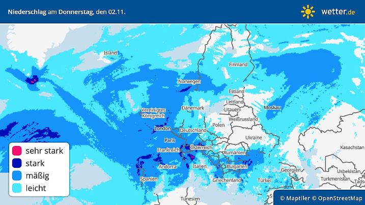 Die Grafik zeigt die Niederschläge am Donnerstag, 02.11.2023