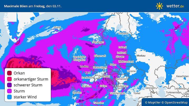 Die Grafik zeigt die maximalen Windböen für Freitag, 03.11.2023