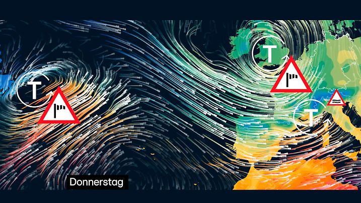 Gefährliche Sturmlage! Von Mittwoch zu Donnerstag droht der erste heftige Orkan. Der nächste steht dann schon über dem Atlantik bereit. zu sehen ist eine Wetterlage zum Zeitpunkt Donnerstagmorgen.