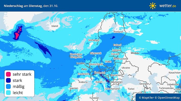 Die Grafik zeigt die Niederschläge in Europa am Dienstag, 31.10.2023