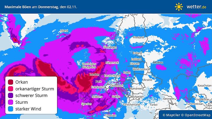 Die Grafik zeigt die maximalen Windböen für Donnerstag, 02.11.2023