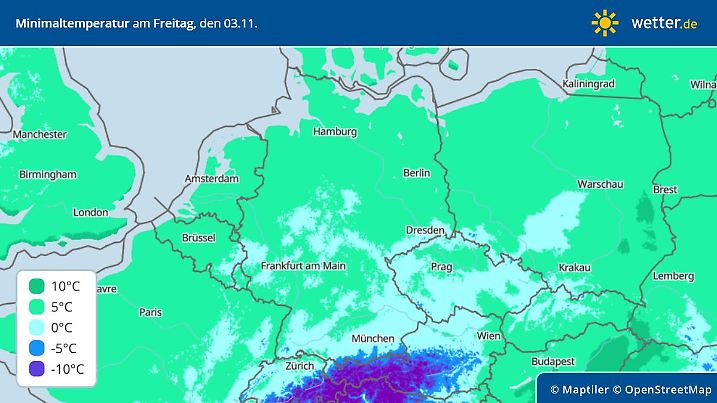 Die Grafik zeigt die Tiefsttemperaturen am Freitag, den 3.11.2013.