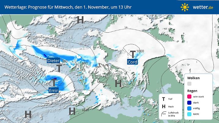 Karte mit der Wetterlage für Europa für Mittwoch, den 01. November 2023: Zu sehen sind Orkan Dieter und Orkan Emir von bzw. über den Küsten Westeuropas