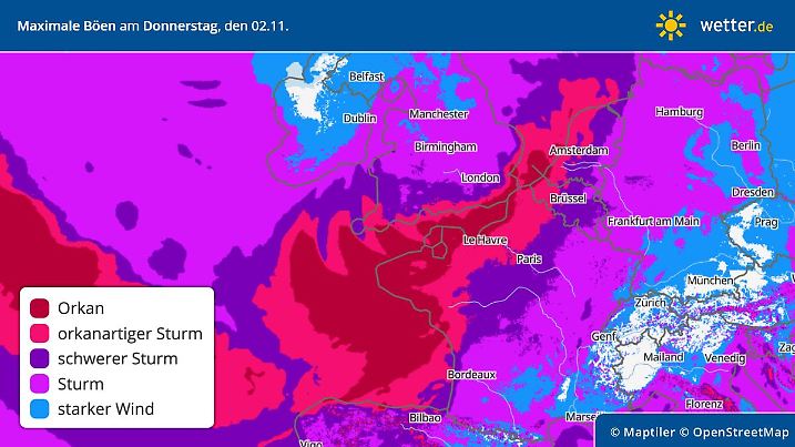 Die Karte zeigt die Windböen am Donnerstag, den 02. November 2023. Zu sehen: An den französischen Küsten tobt ein heftiger Orkan, bei und immerhin ein Herbststurm. In der Südosthälfte Deutschlands bleibt es recht ruhig.