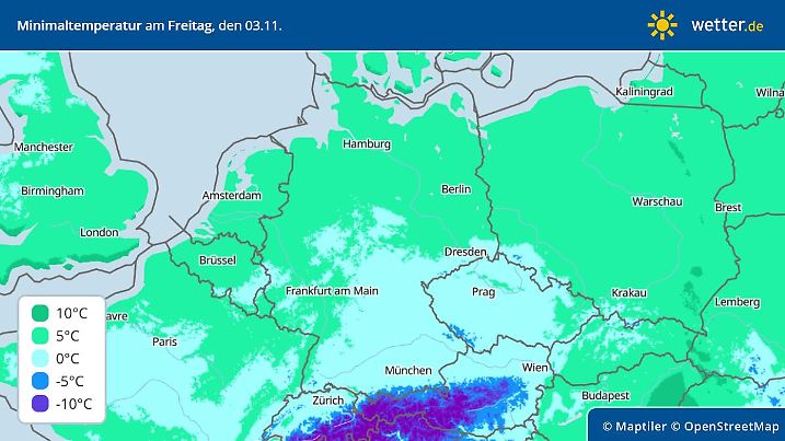 Die Karte zeigt die Tiefsttemperaturen in der Nacht auf Freitag.