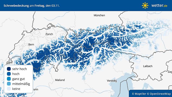 Die Karte zeigt die Schneebedeckung in den Alpen deutlich.