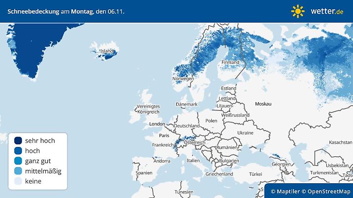 Die Grafik zeigt die Schneebedeckung in Europa am Dienstag, 7.11.2023