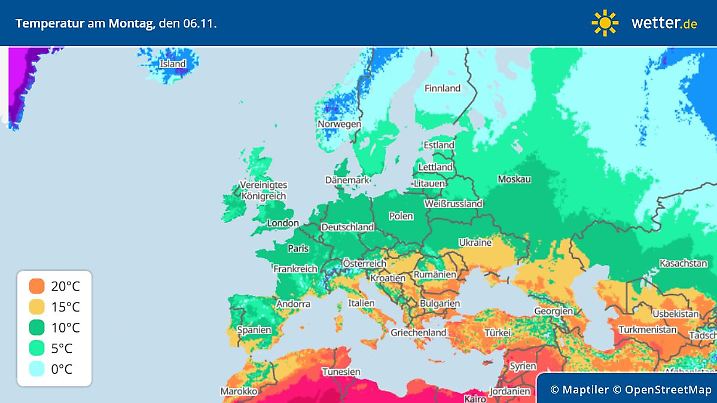 Das Bild zeigt die Höchstwerte in Europa am Montag, 06. November 2023: Winter mit Dauerfrost und Schnee in Skandinavien und Sommer mit teils um 30 Grad am Mittelmeer - eine explosive Mischung!
