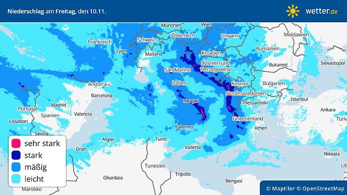 Zu sehen sind die Regenmengen für Freitag, 10. November 2023: Heftige Regenfälle im Weststau der Berge Italiens und des Balkans führen wohl bald wieder zu Überflutungen und Erdrutsche.