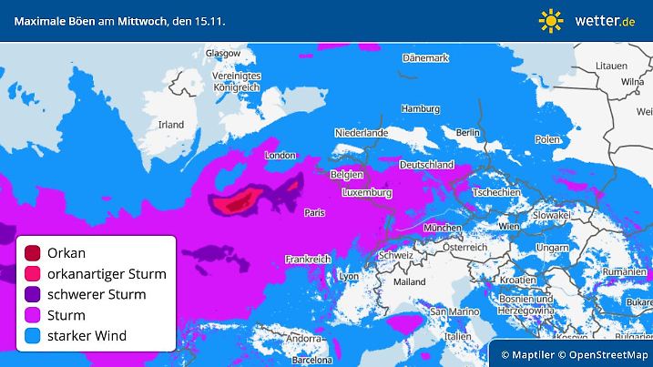 Die Grafik zeigt die Sturmböen in Europa für den 15. November 2023. In Westeuropa ist es erneut sehr stürmisch. regional drohen Orkanböen, vor allem in Richtung Britische Inseln und Frankreich.