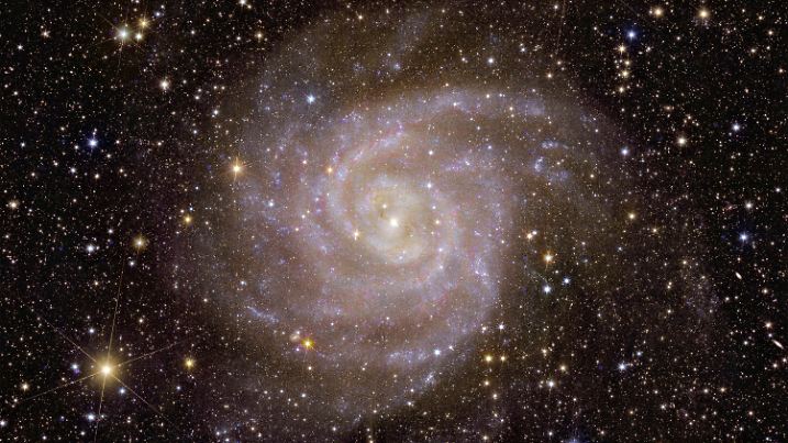 This image provided by the European Space Agency shows Euclid’s view of the galaxy called IC 342. The European Space Agency released Euclid’s first photos Tuesday, Nov. 7, 2023 four months after the spacecraft was launched from Florida to study the dark universe, invisible yet everywhere. Euclid will observe billions of galaxies, creating the largest 3D map ever made of the cosmos, in order to better understand the dark energy and matter that make up 95 percent of the universe. (European Space Agency via AP)