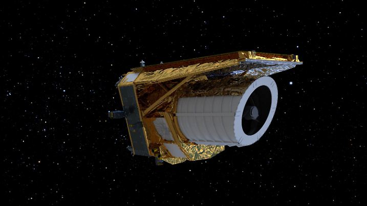 HANDOUT - 06.11.2023, ---, --: Ein Computergeneriertes Bild des Weltraumteleskops «Euclid». Erste Bilder der europäischen Sonde «Euclid» gewähren einen detailreichen Einblick in den Weltraum. (zu dpa: «Esa zeigt erste «Euclid»-Bilder - «Revolution für die Astronomie»») Foto: --/ATG/ESA/dpa - ACHTUNG: Nur zur redaktionellen Verwendung im Zusammenhang mit der aktuellen Berichterstattung und nur mit vollständiger Nennung des vorstehenden Credits +++ dpa-Bildfunk +++