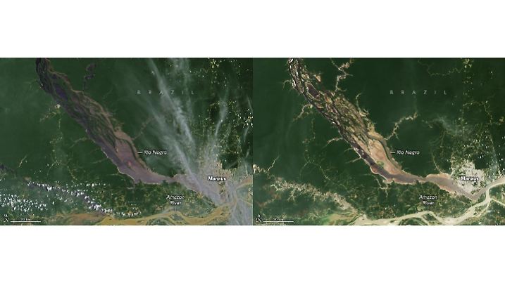 Vergleich von Satellitenbildern des Rio Negro im Oktober 2022 und 2023