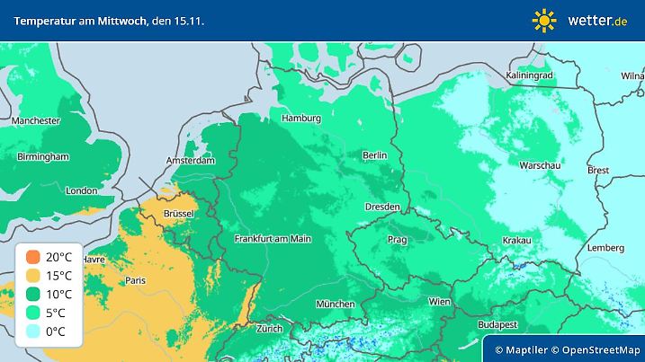 Zu sehen sind die Höchstwerte für Mittwoch, den 15. November 2023. Die milde Luft kommt von Südwesten mit Temperaturen um 15 Grad schnell zurück. Die Kälte mit knapp über 0 Grad lauert am Mittwoch aber über Nord- und Osteuropa.