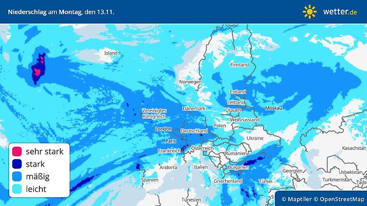 Europakarte zeigt die Regenfälle am 13. November: Die nächste Woche bringt besonders in den ersten Tagen von Westen wieder viel Regen in weiten Teilen Europas und Deutschlands.