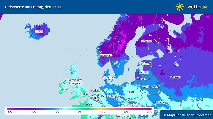 Prognose und Vorhersage: Tiefstwerte Europa, 17. November 2023