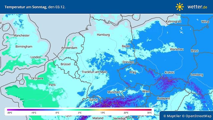 Karte mit Höchsttemperaturen für Sonntag, 03.12.2023: Verbreitet gibt es am 1. Advent nur um 0 Grad, nicht selten sogar Dauerfrost.