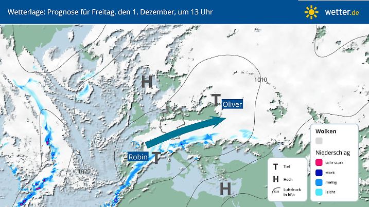 Europa-Wetterlage mit Tief Robin über dem Alpenraum. Die Niederschlagsgebiete sind wie an einer langen gerade von West nach Ost aufgereiht. Da das Tief auch langsam nach Ost zieht, regnet oder schneit es lange am gleichen Ort.