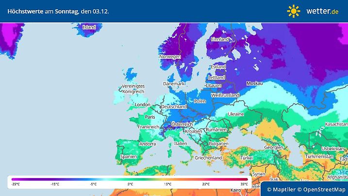 Prognose und Vorhersage Temperaturen in Europa am Sonntag, 3. Dezember 2023
