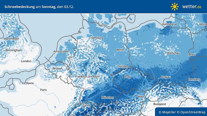 Die Grafik zeigt die Schneebedeckung am Sonntag, 03.12.2023