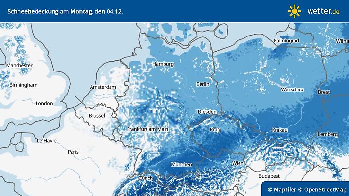 Die Grafik zeigt die Schneebedeckung am Montag, 04.12.2023