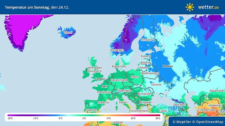 Die Grafik zeigt die Höchstwerte am Sonntag, 24.12.2023, in Europa