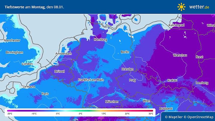 Prognose und Vorhersage Frost und Tiefstwerte in der Nacht zum Montag, 8 Januar 2024