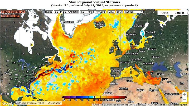 Ozeantemperaturen im Nordatlantik am 01.01.2024