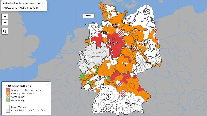 Hochwasserwarnungen in Deutschland am 03.01.2024