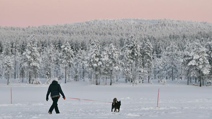Person walks the dog in the town of Äkäslompolo, in municipality of Kolari in Finnish Lapland on Thursday, 4th January, 2024. Extreme freezing conditions are set to persist throughout the week not only in Lapland but in the whole of Finland. LEHTIKUVA / IRENE STACHON - FINLAND OUT. NO THIRD PARTY SALES.  / action press