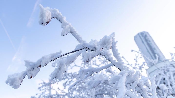 Frost im Taunus Die Landschaft rund um den Großen Feldberg im Taunus ist am Nachmittag zur blauen Stunde mit Reif und Eis überzogen. Für die kommende Nacht warnt der DWD für Teile von Hessen vor strengem Frost., Schmitten Hessen Deutschland *** Frost in the Taunus The landscape around the Großer Feldberg in the Taunus is covered with frost and ice in the afternoon at the blue hour For the coming night, the DWD warns of severe frost for parts of Hesse , Schmitten Hesse Germany