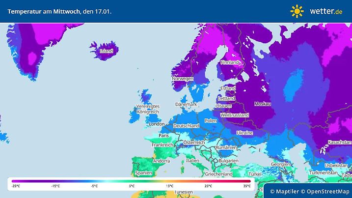 Karte der Temperaturen in Europa am 17.01.2024