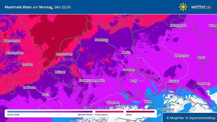 Die Grafik zeigt die maximale Windgeschwindigkeit am Montag, 22.01.2024