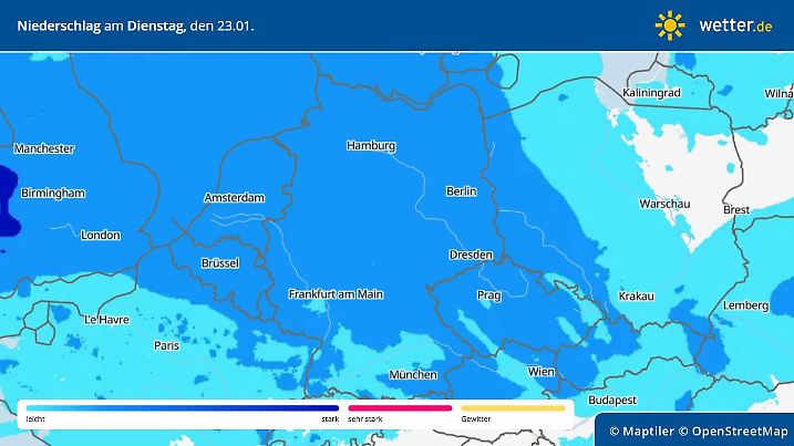 Die Grafik zeigt die Niederschläge am Dienstag, 23.01.2024