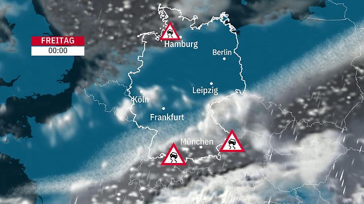 Wetter in der Nacht zu Freitag: Der Schnee zieht sich nach Süden zurück und hinterlässt Schneeglätte und gefrierende Nässe. Im Norden kommen neue Schauer an.