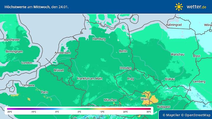 Deutschlandkarte mit Höchstwerten für Mittwoch, 24. Januar. Verbreitet gibt es zweistellige Höchstwerte. Auch nachts bleibt es mild. Die Glätte ist damit vorbei.