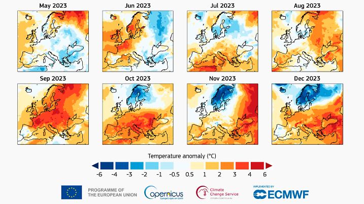 Temperaturabweichung von Januar bis Dezember im Jahr 2023 in Europa