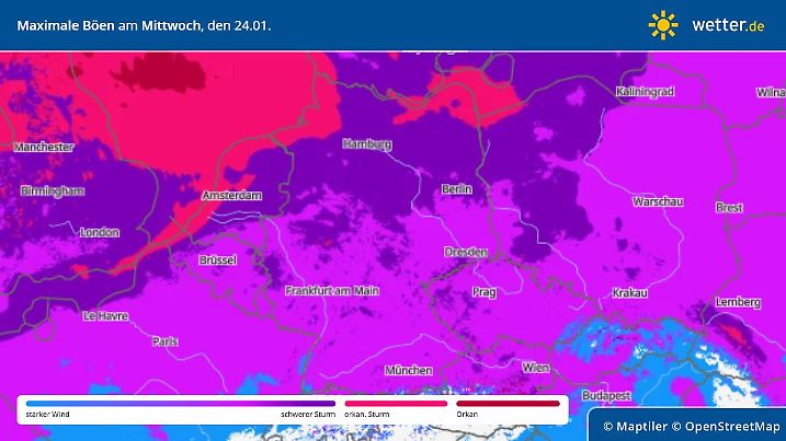 Windgeschwindigkeiten am Mittwoch, 24. Januar, in Deutschland
