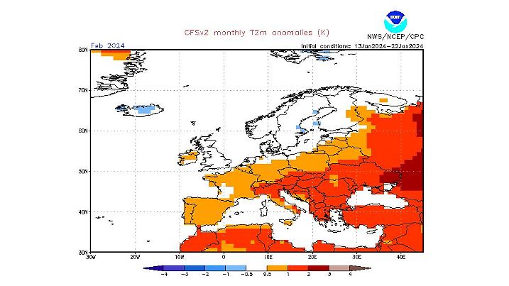 Berechnung der NOAA für die Temperaturabweichungen im Februar 2024: Im Mittel wäre es im Norden durchschnittlich und sonst zu mild.