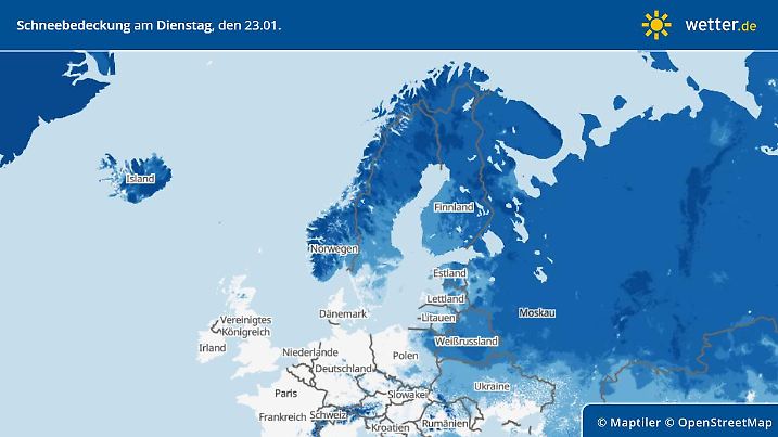 Schneebedeckung für Europa: Weite Teile Nord- und Osteuropas sind tief weiß.
